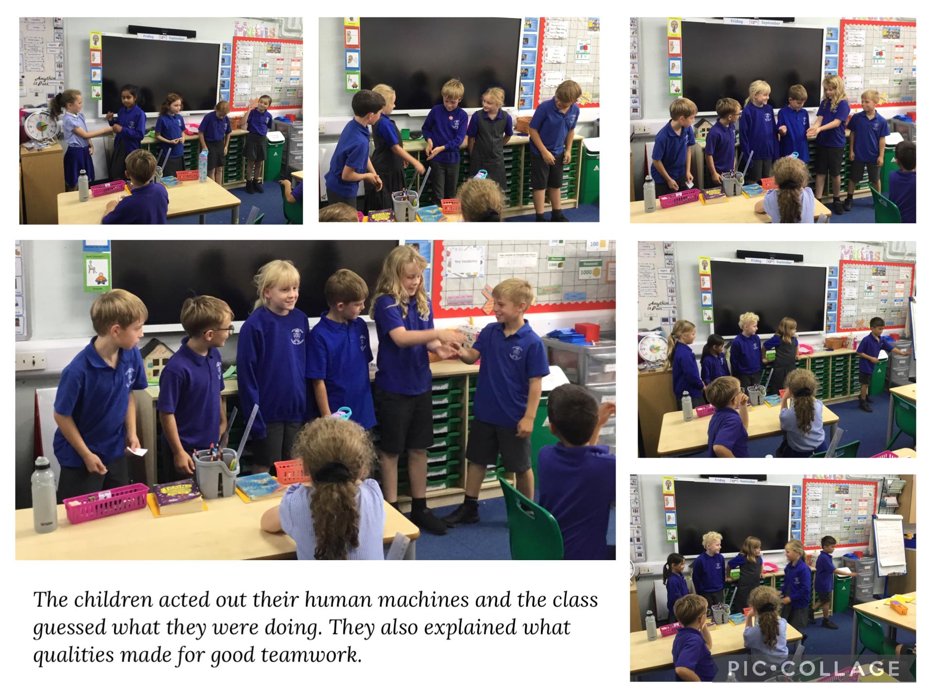 The children worked as a team to make a human machine which performed a function.
